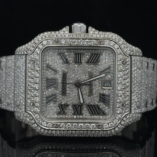 Iced out 40mm Cartier Santos Watch (stainless steel)