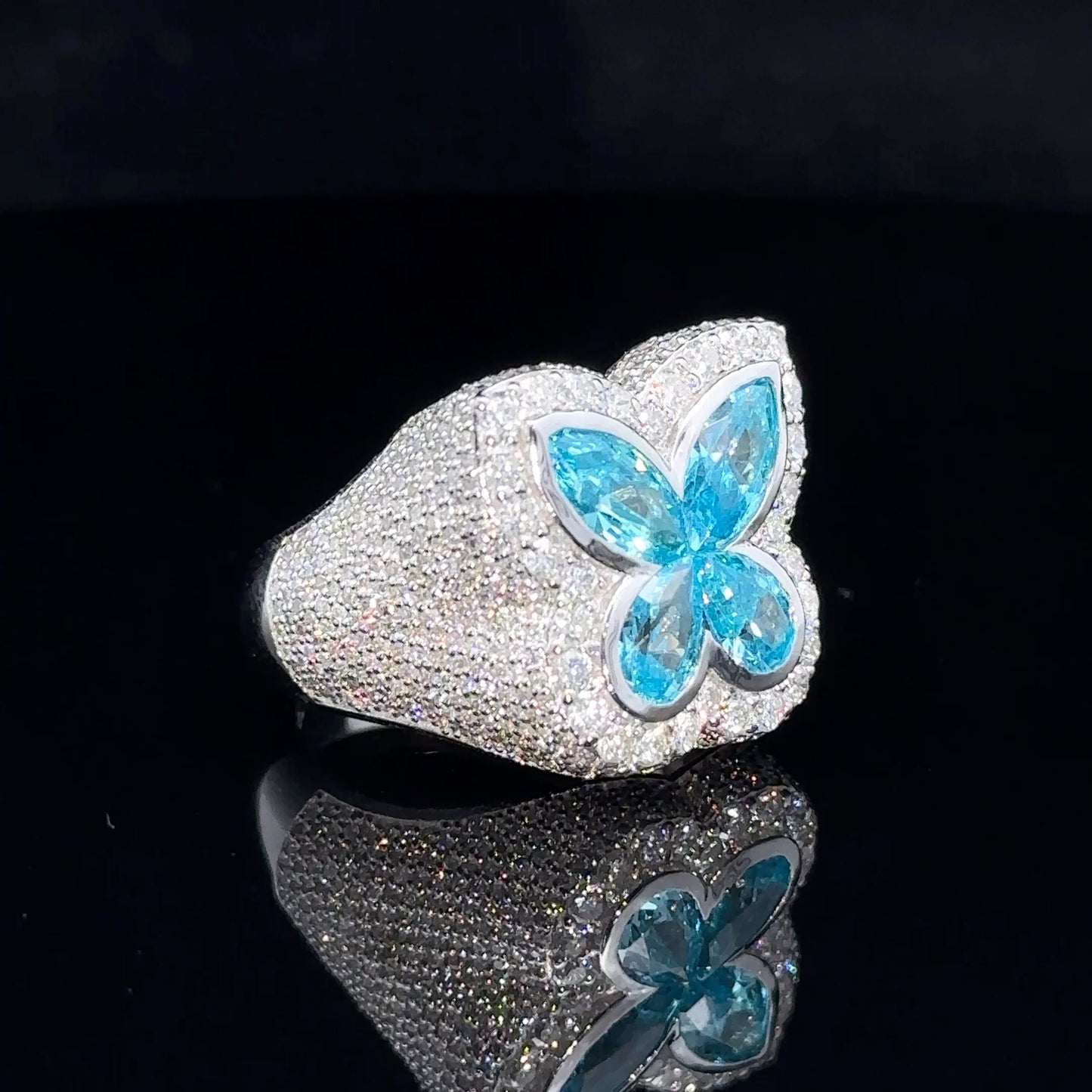 White gold and Diamond butterfly Ring with Blue Fancy Pear Cut Gem Stones