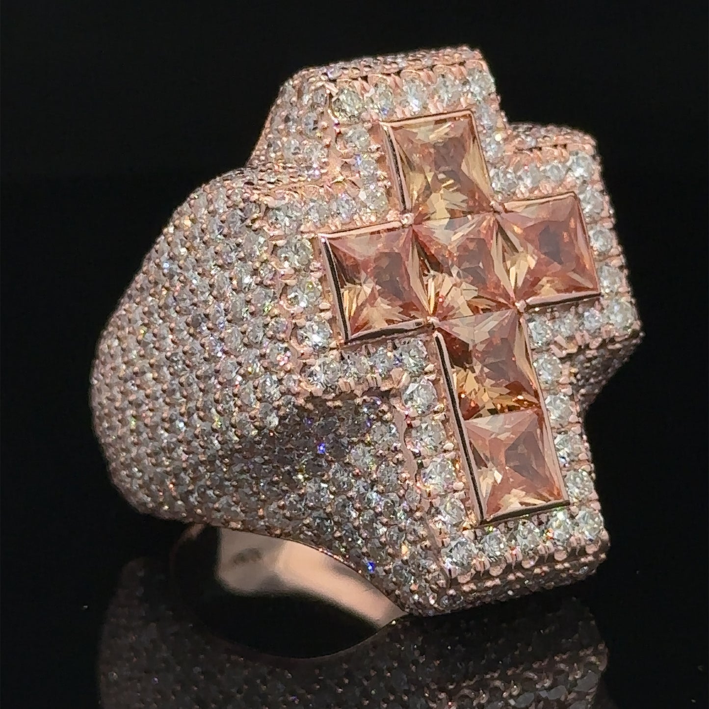 Rose gold and diamond Cross Ring with Fancy Champagne Pear Cut Gem Stones