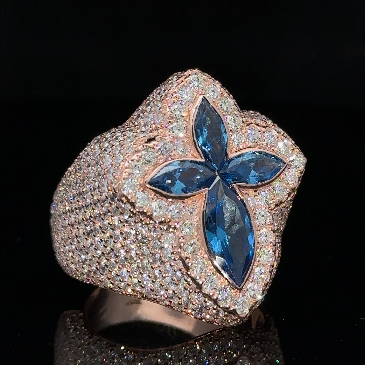 Rose gold and diamond Cross Ring with Fancy Blue Pear Cut Gem Stones