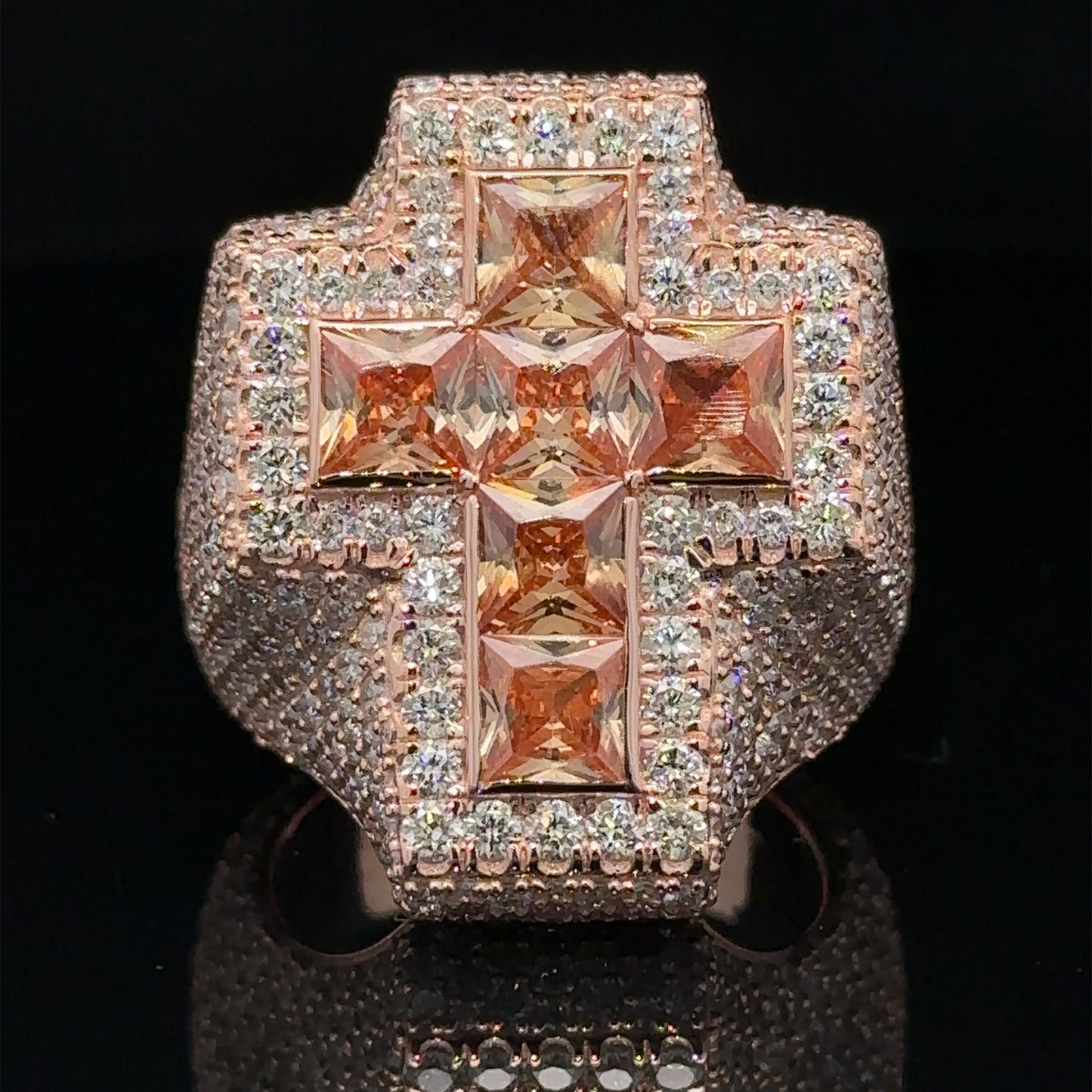 Rose gold and diamond Cross Ring with Fancy Champagne Pear Cut Gem Stones