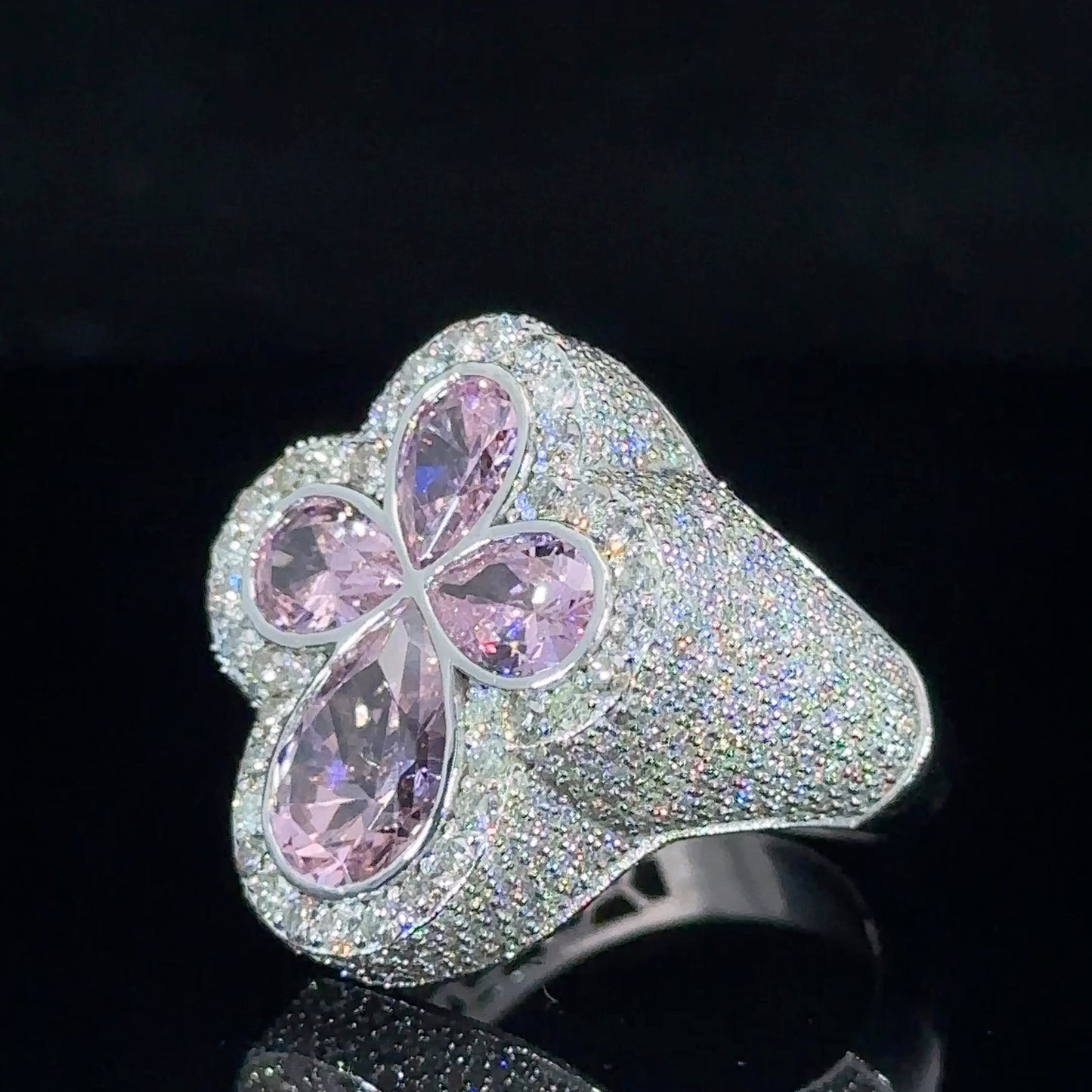 White gold and diamond Cross Ring with Pink Fancy Pear Cut Gem Stones