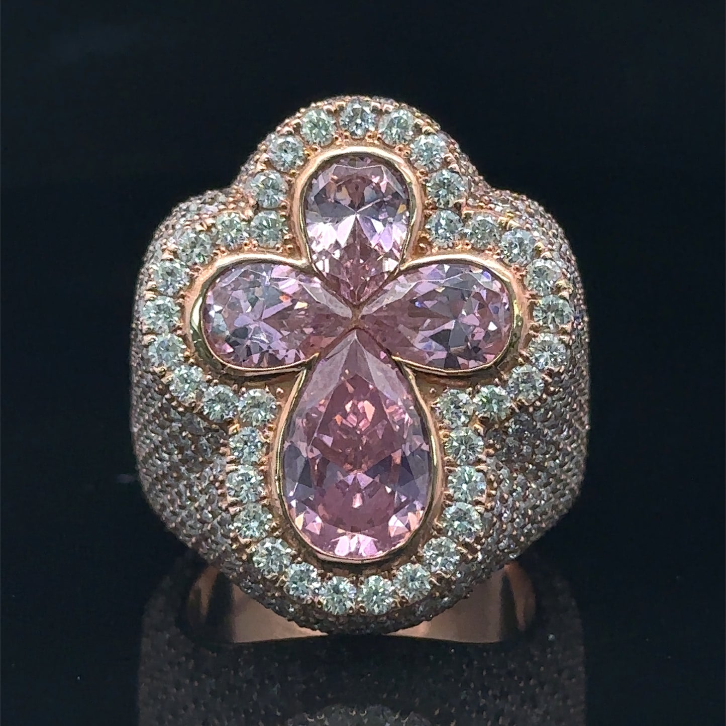 Rose gold and diamond Cross Ring with Pink Fancy Pear Cut Colored Stones