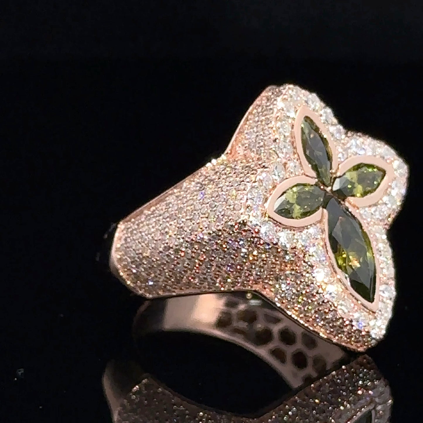 Rose gold and diamond Cross Ring with Green Fancy Pear Cut Gem Stones