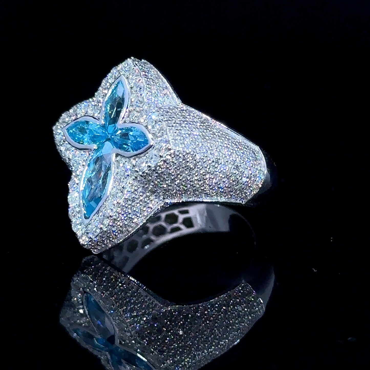 White gold and diamond Cross Ring with Blue Fancy Pear Cut Gem Stones