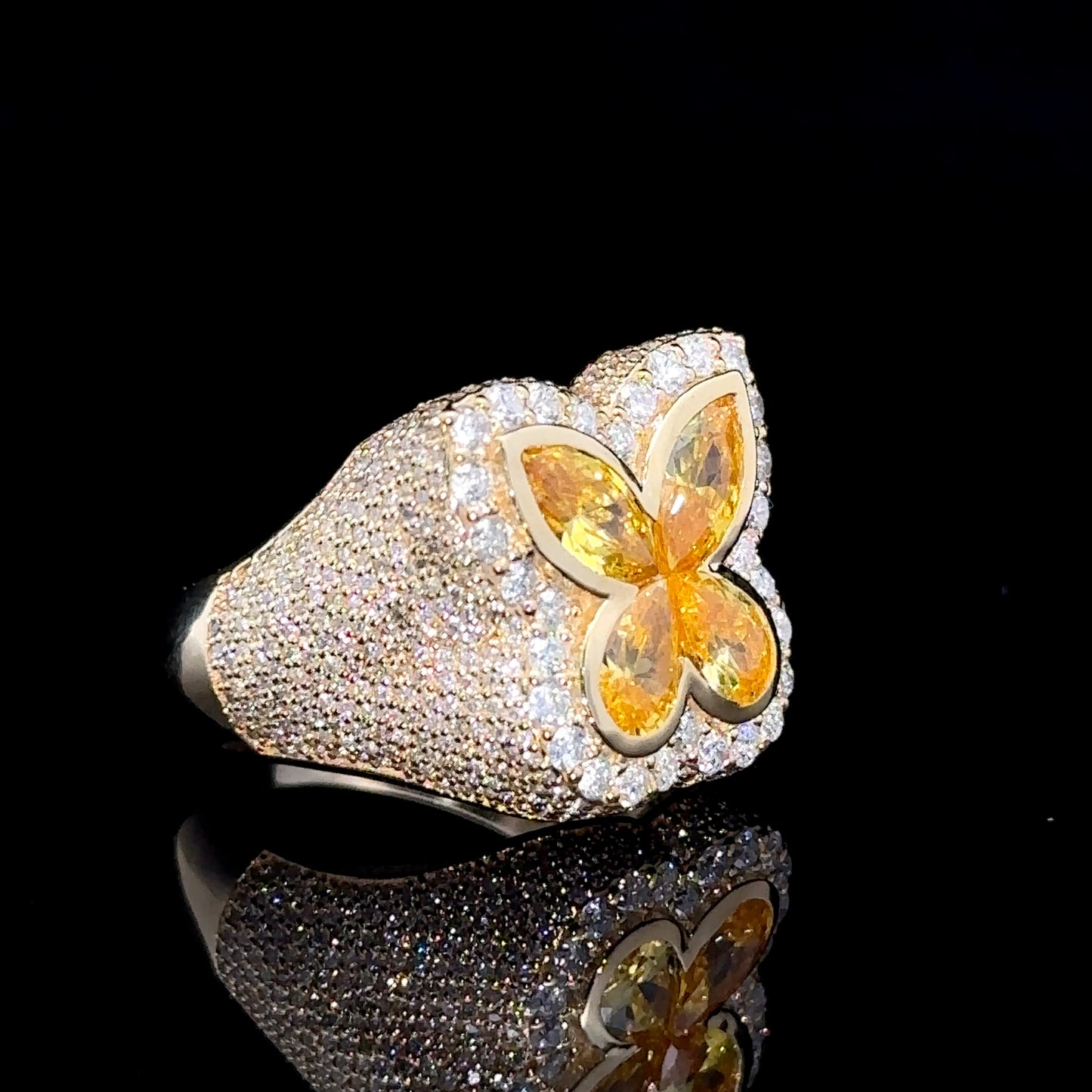 Yellow gold and Diamond butterfly Ring with Yellow Fancy Pear Cut Gem Stones