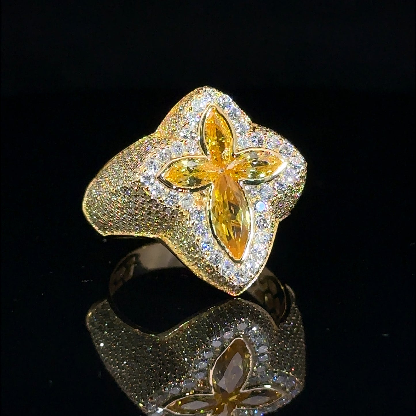 Yellow gold and diamond Cross Ring with Yellow Fancy Pear Cut Gem Stones