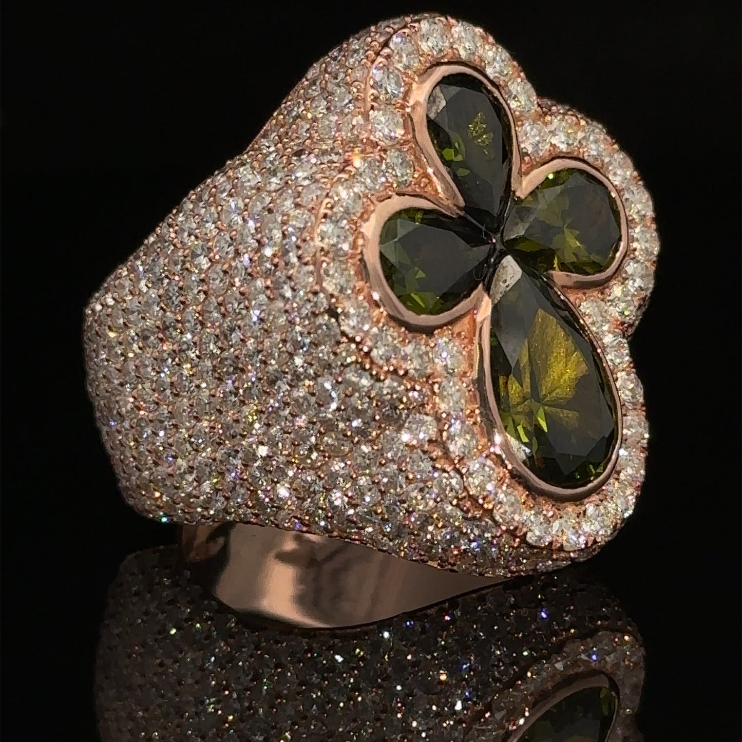 14k Rose gold and diamond Cross Ring with Fancy Green Gem Stones