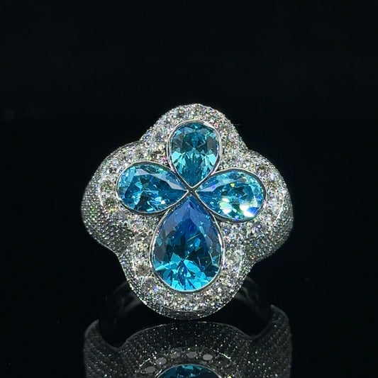 White gold and diamond Cross Ring with Blue Fancy Pear Cut  Gem Stones