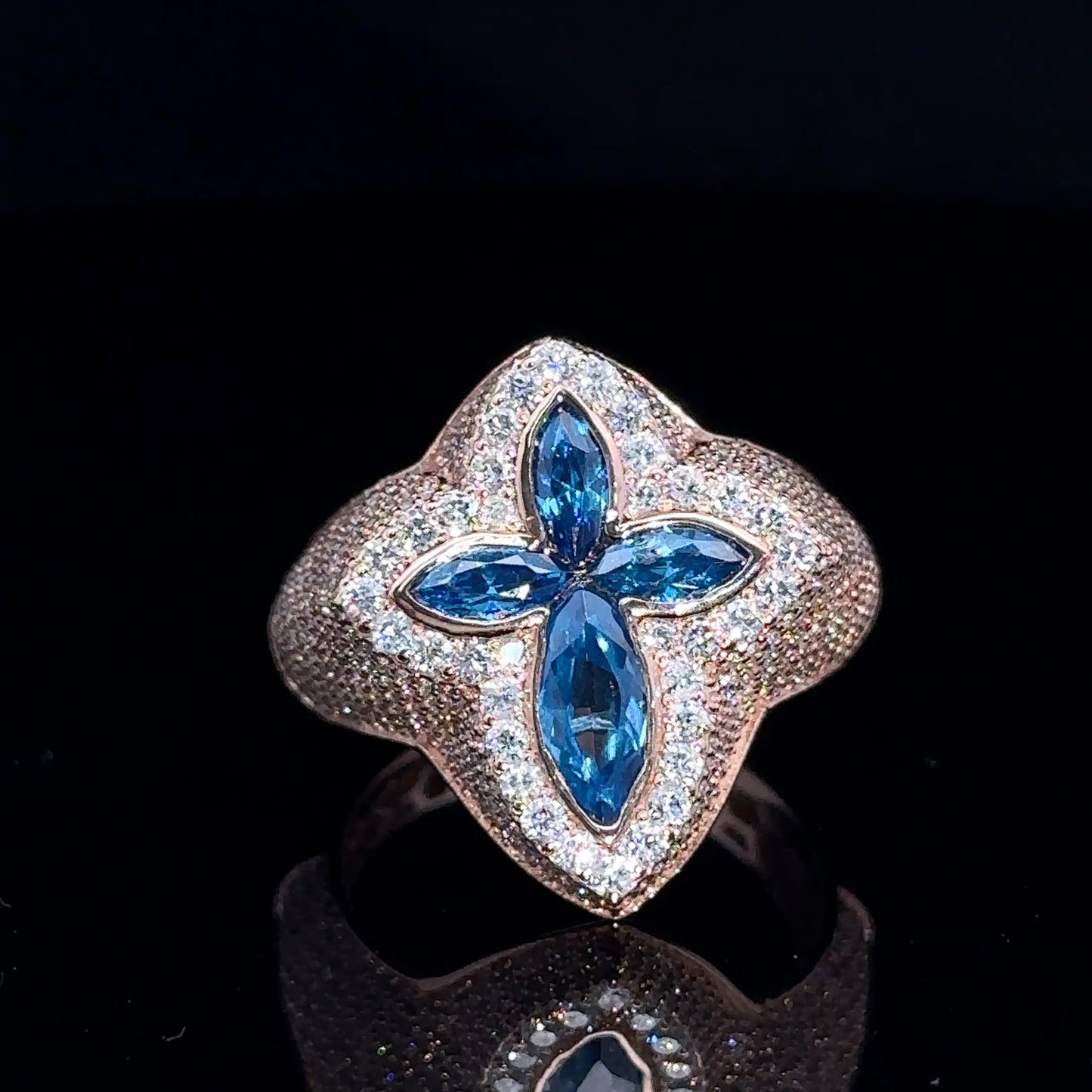Rose gold and diamond Cross Ring with Blue Fancy Pear Cut Gem Stones