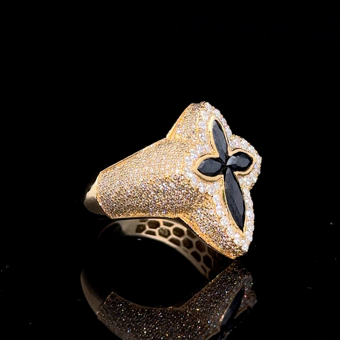 Yellow gold and diamond Cross Ring with Dark Fancy Pear Cut Gem Stones