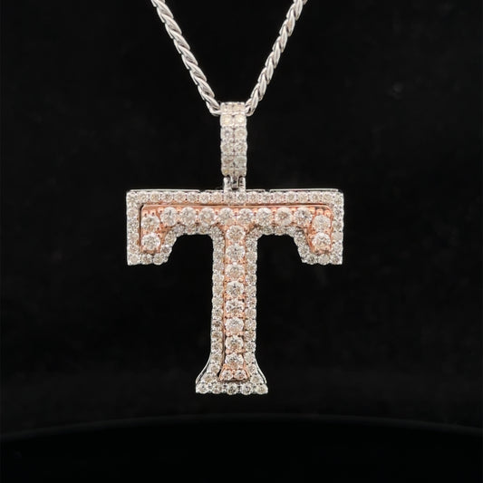 14k two-tone rose and white gold & diamond T Initial Pendant