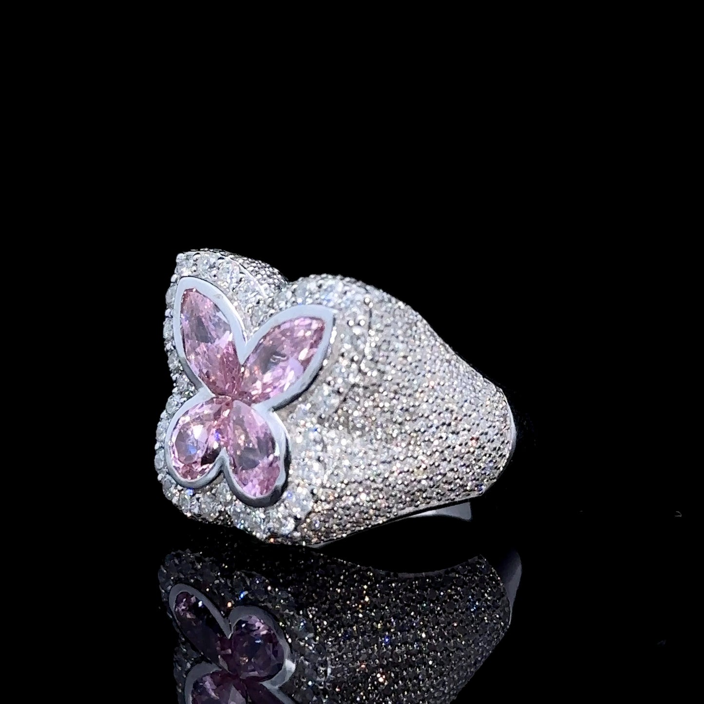White gold and Diamond butterfly Ring with Pink Fancy Pear Cut Gem Stones