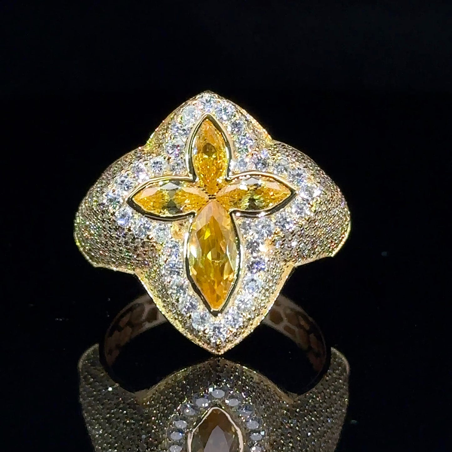 Yellow gold and diamond Cross Ring with Yellow Fancy Pear Cut Gem Stones