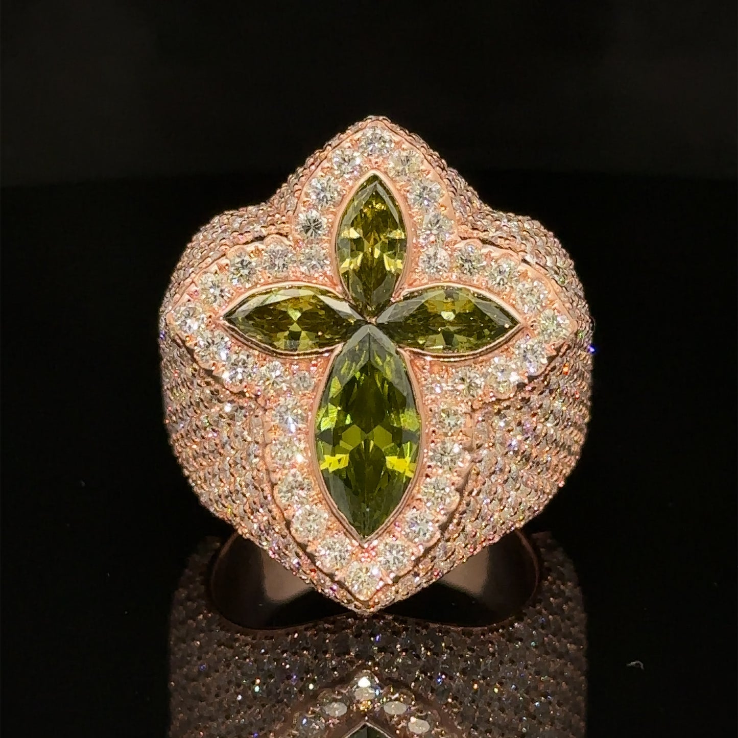 Rose gold and diamond Cross Ring with Pink Fancy Pear Gem Stones
