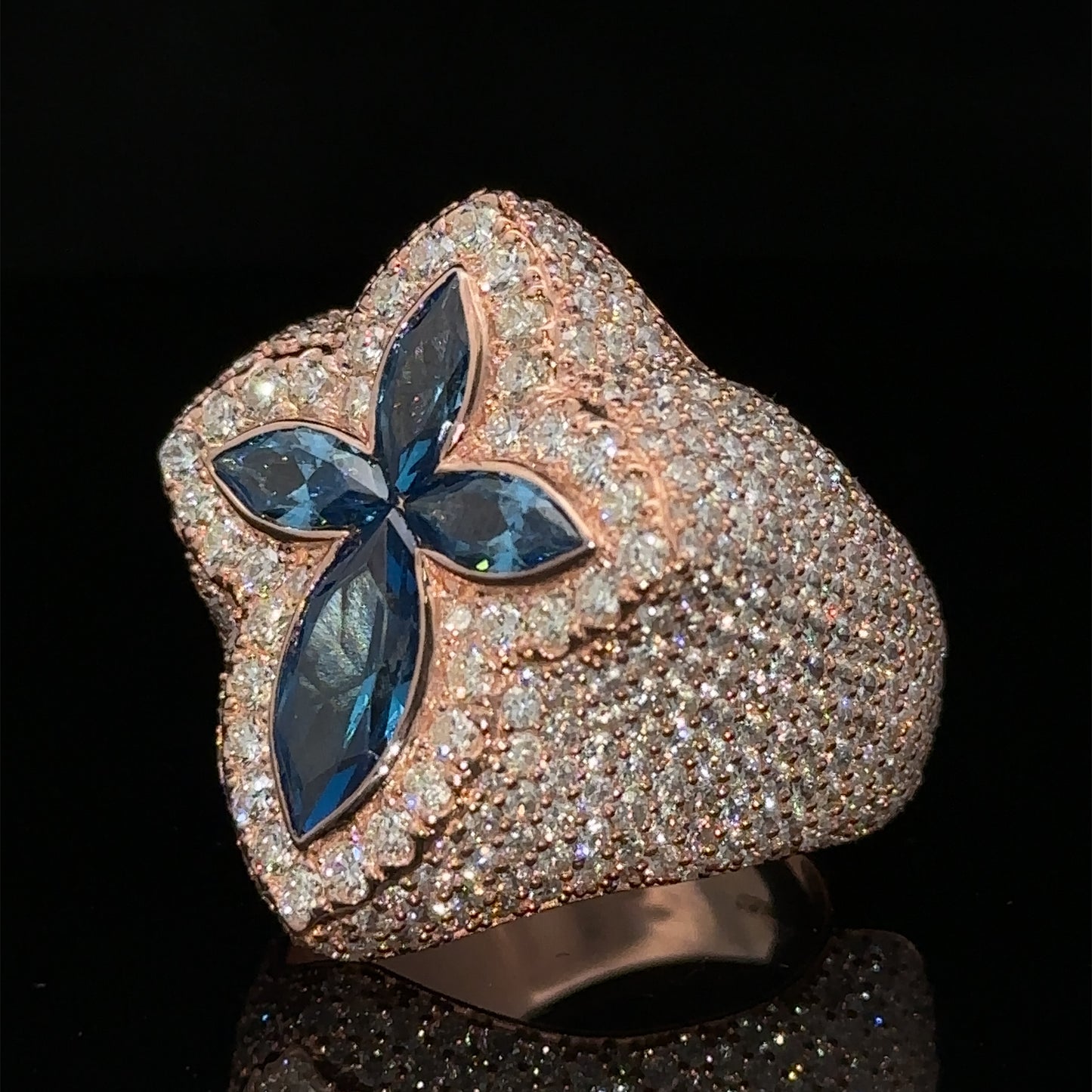 Rose gold and diamond Cross Ring with Fancy Blue Pear Cut Gem Stones
