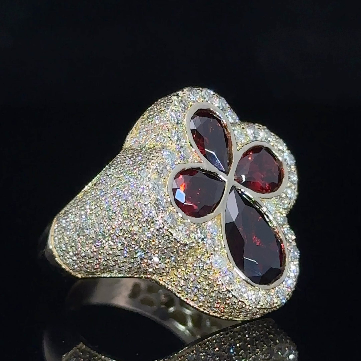 Yellow gold and diamond Cross Ring with Burgundy Fancy Pear Cut Gem Stones