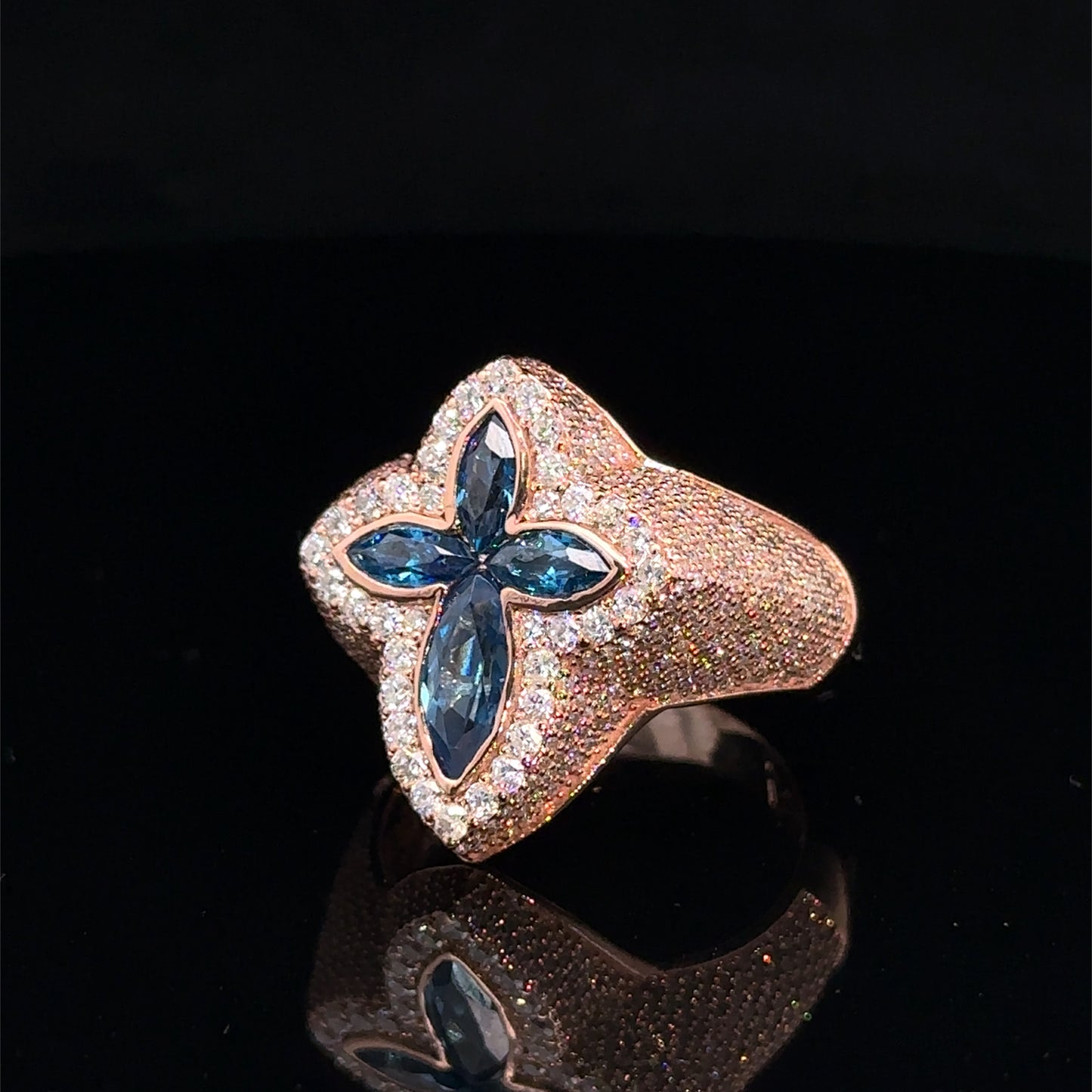 Rose gold and diamond Cross Ring with Blue Fancy Pear Cut Gem Stones