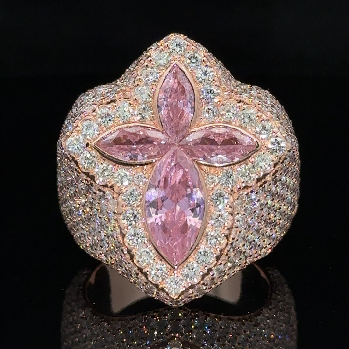 Rose gold and diamond Cross Ring with Pink Fancy Pear Cut Gem Stones
