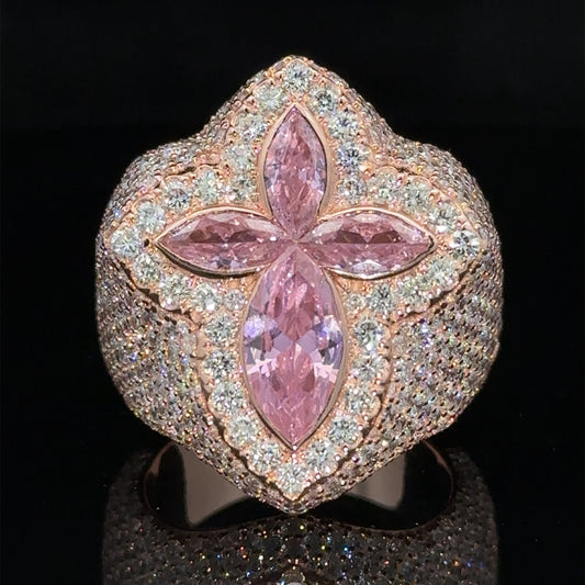 Rose gold and diamond Cross Ring with Pink Fancy Pear Cut  Gem Stones