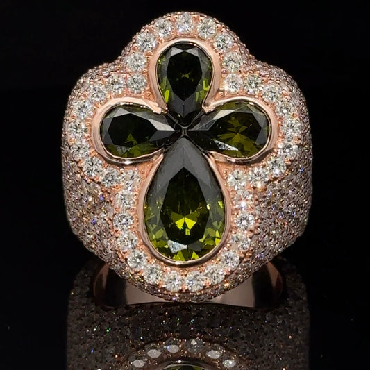 14k Rose gold and diamond Cross Ring with Fancy Green Gem Stones