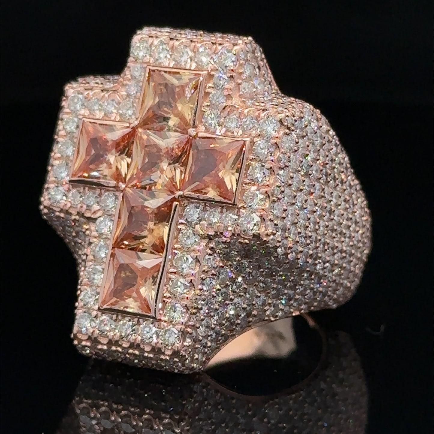 Rose gold and diamond Cross Ring with Fancy Champagne Pear Cut Gem Stones