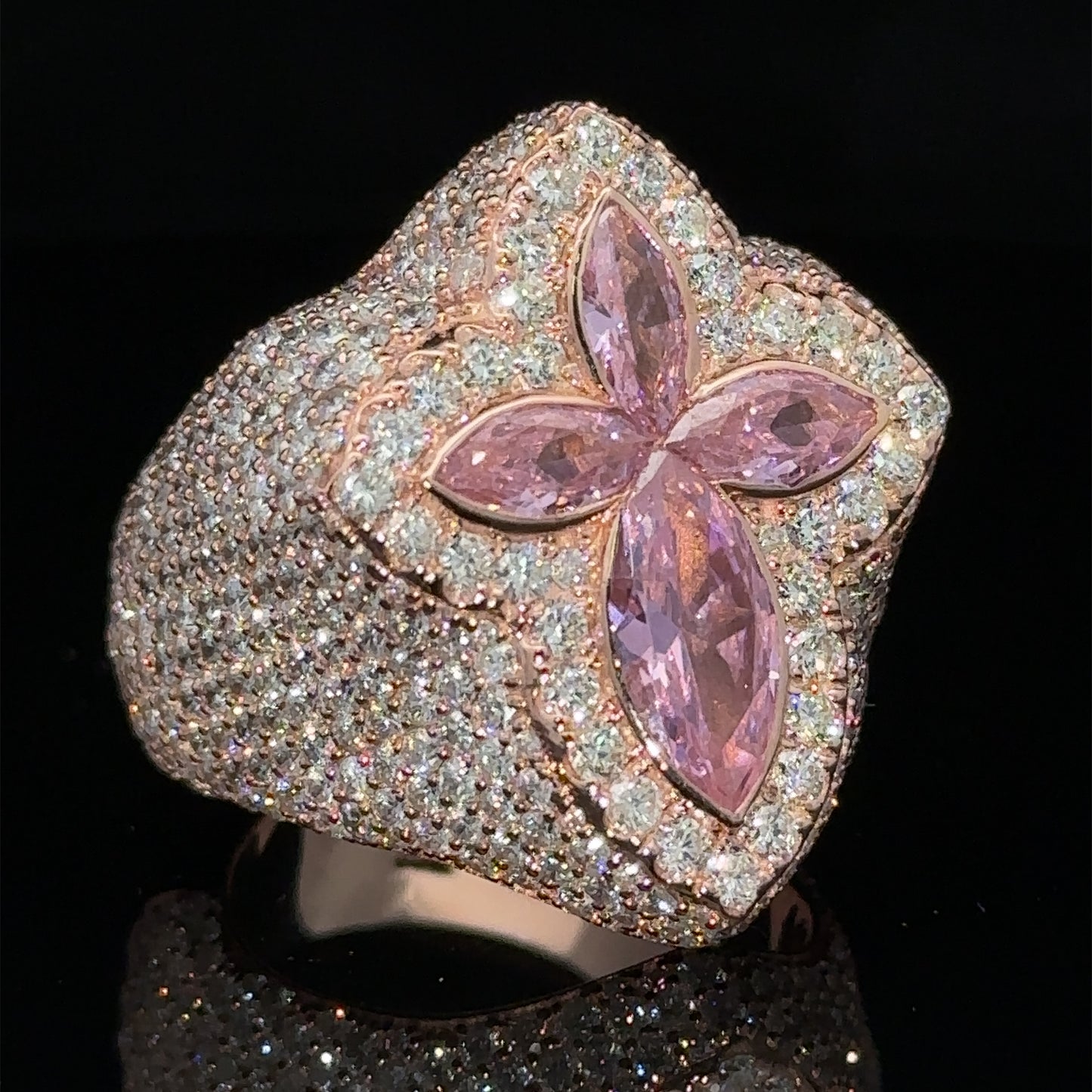 Rose gold and diamond Cross Ring with Pink Fancy Pear Cut Gem Stones