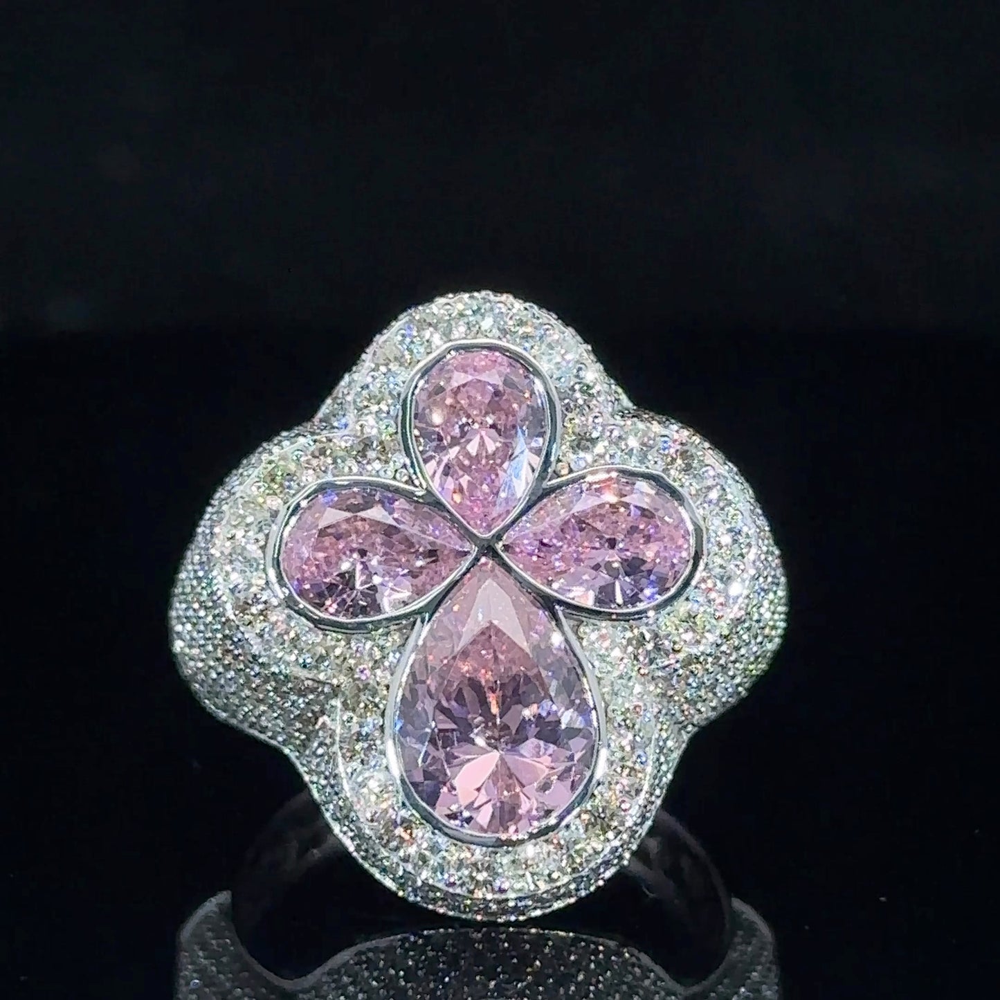 White gold and diamond Cross Ring with Pink Fancy Pear Cut Gem Stones