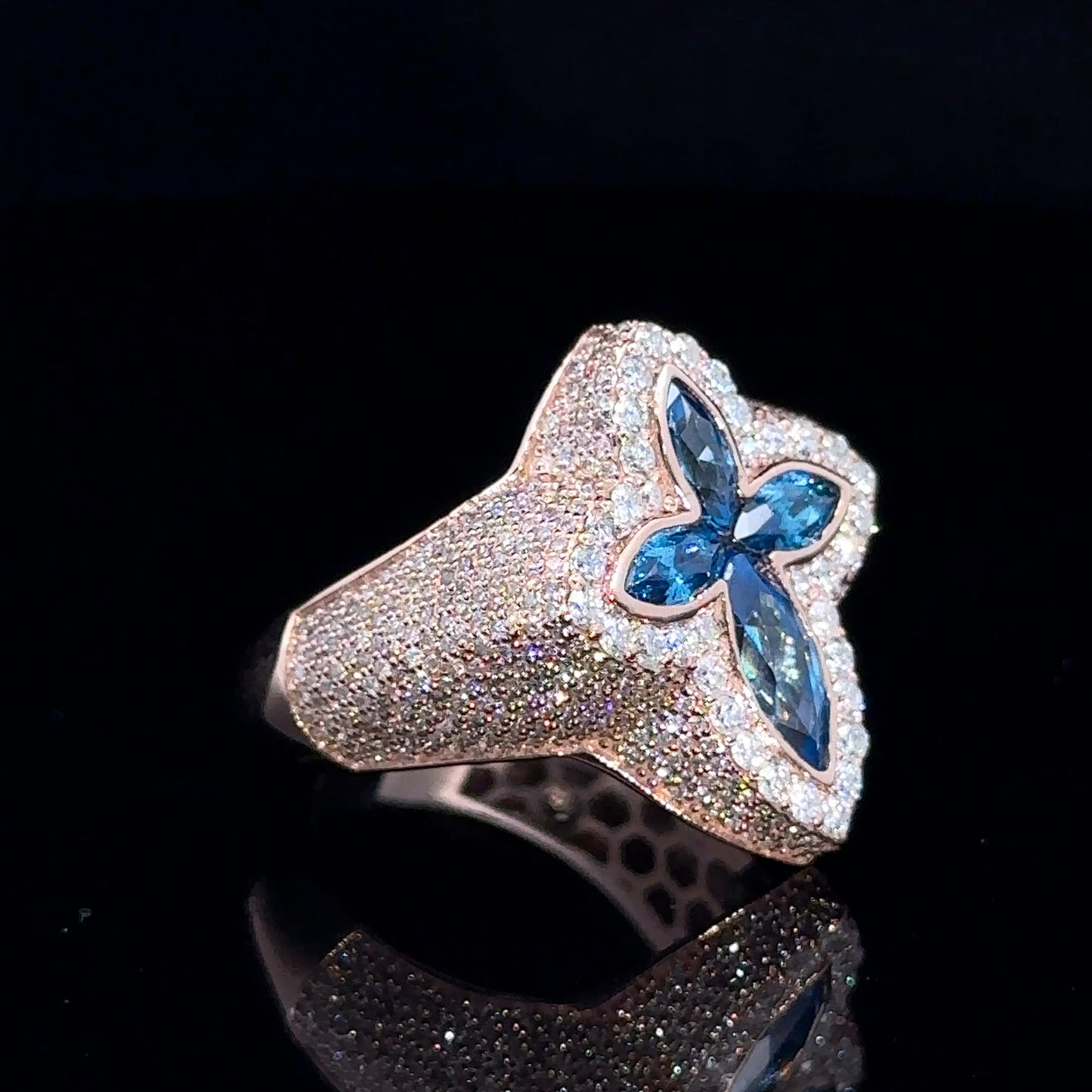 Rose gold and diamond Cross Ring with Blue Fancy Pear Cut Gem Stones
