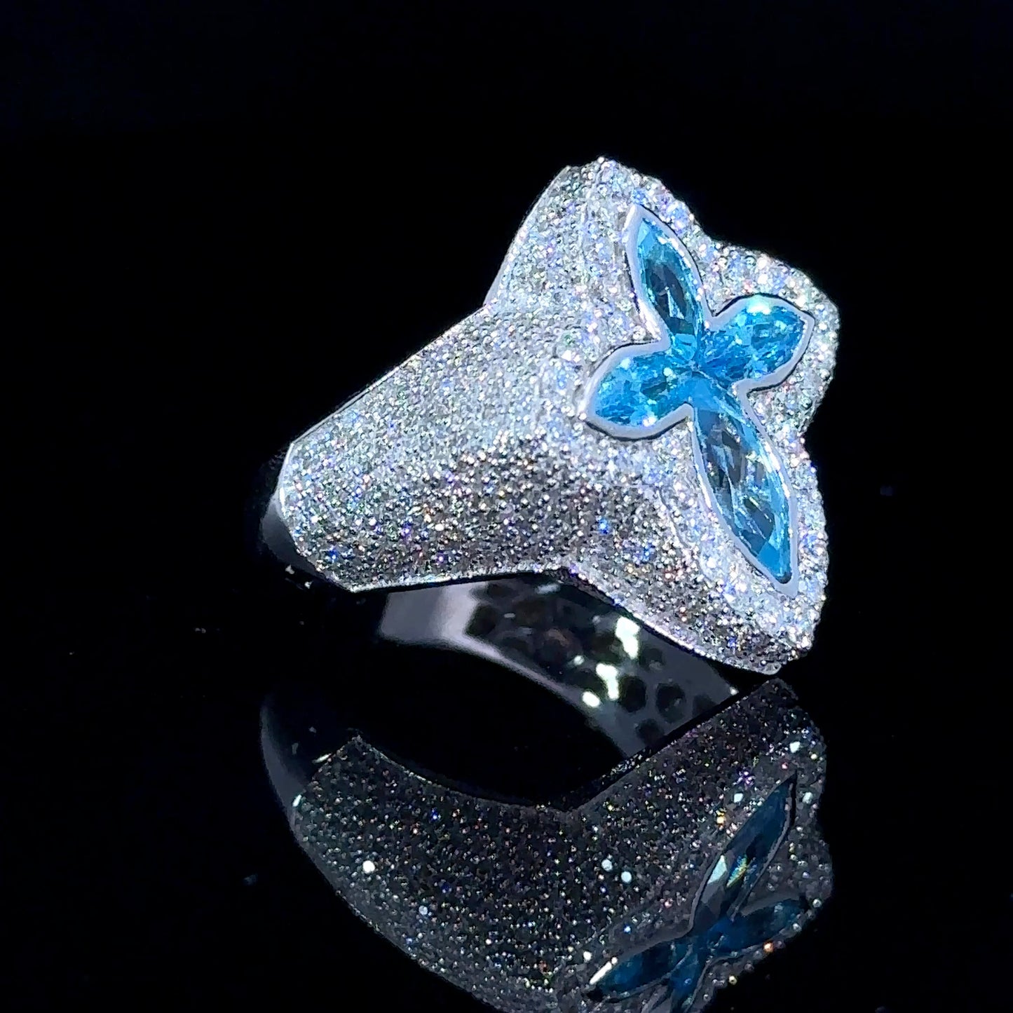 White gold and diamond Cross Ring with Blue Fancy Pear Cut Gem Stones