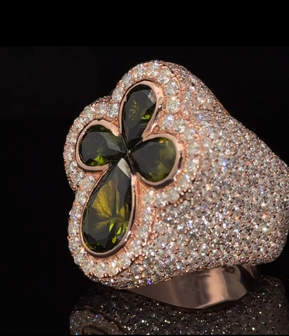 14k Rose gold and diamond Cross Ring with Fancy Green Gem Stones