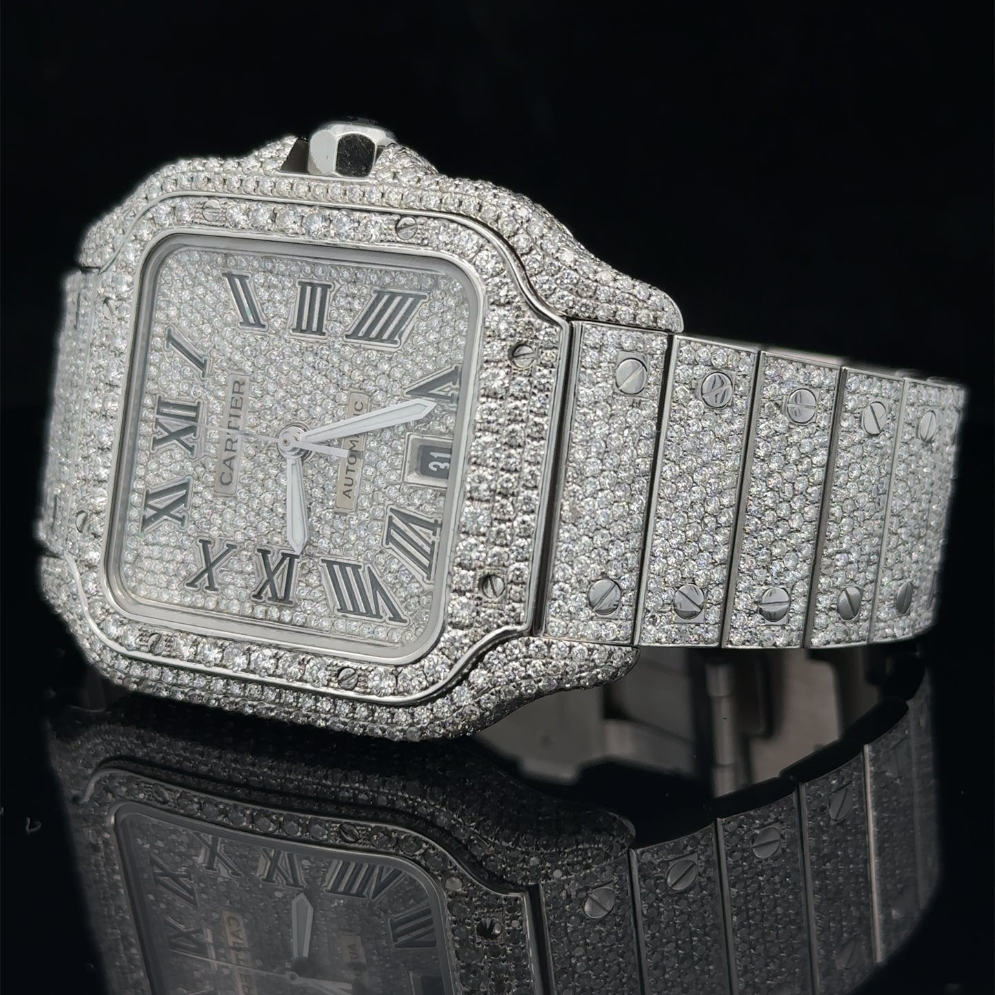 Iced out 40mm Cartier Santos Watch (stainless steel)