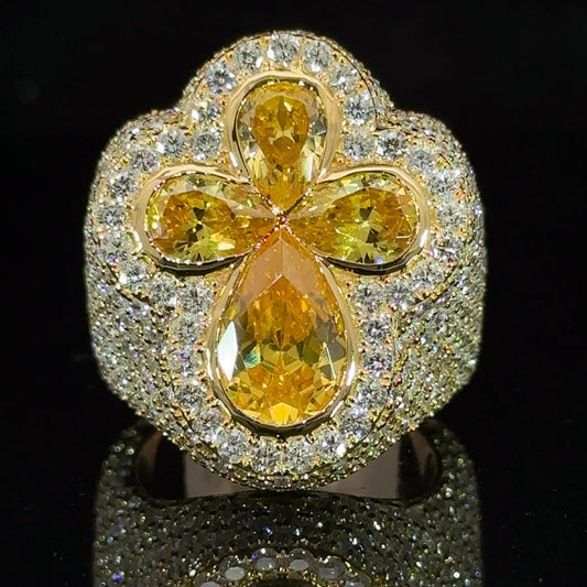 14k yellow gold and diamond Cross Ring with Fancy Pear Cut Gem Stones