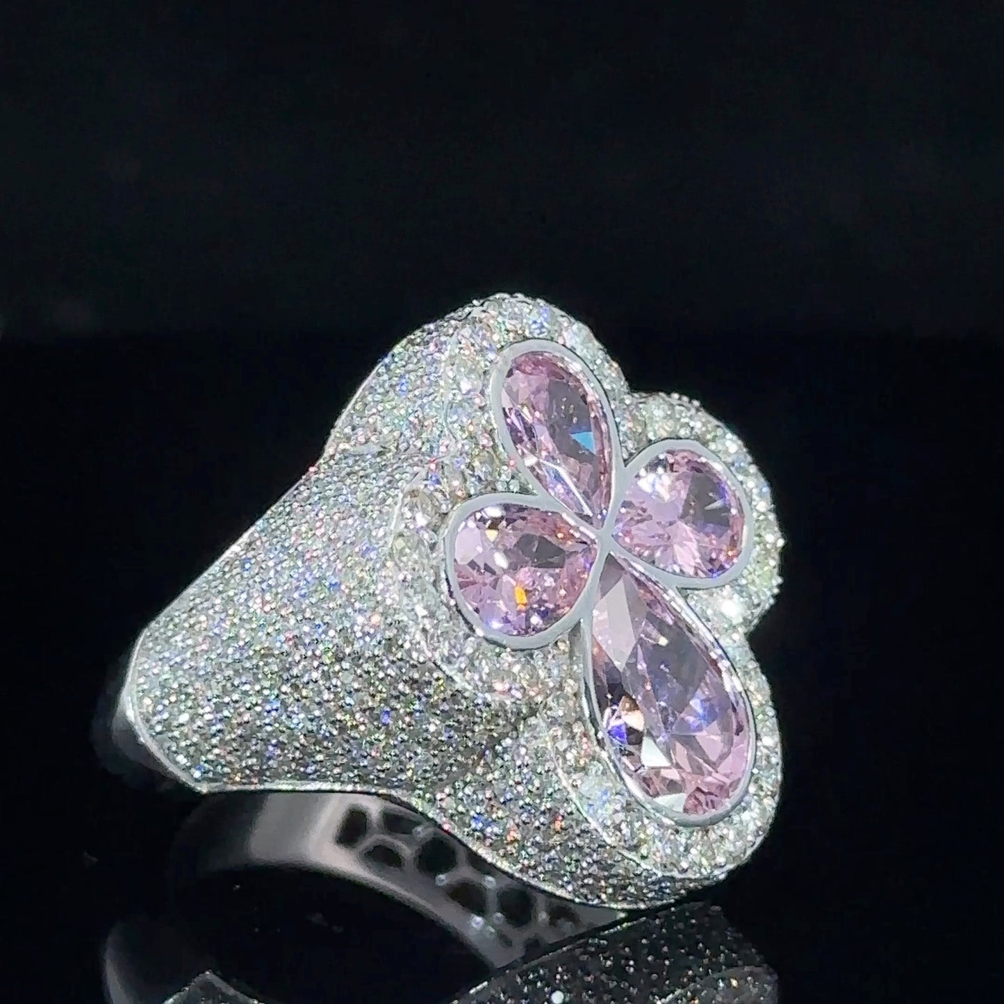 White gold and diamond Cross Ring with Pink Fancy Pear Cut Gem Stones