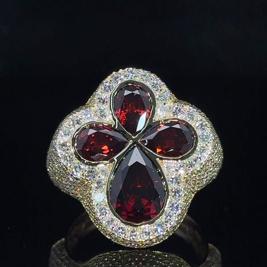 Yellow gold and diamond Cross Ring with Burgundy Fancy Pear Cut  Gem Stones