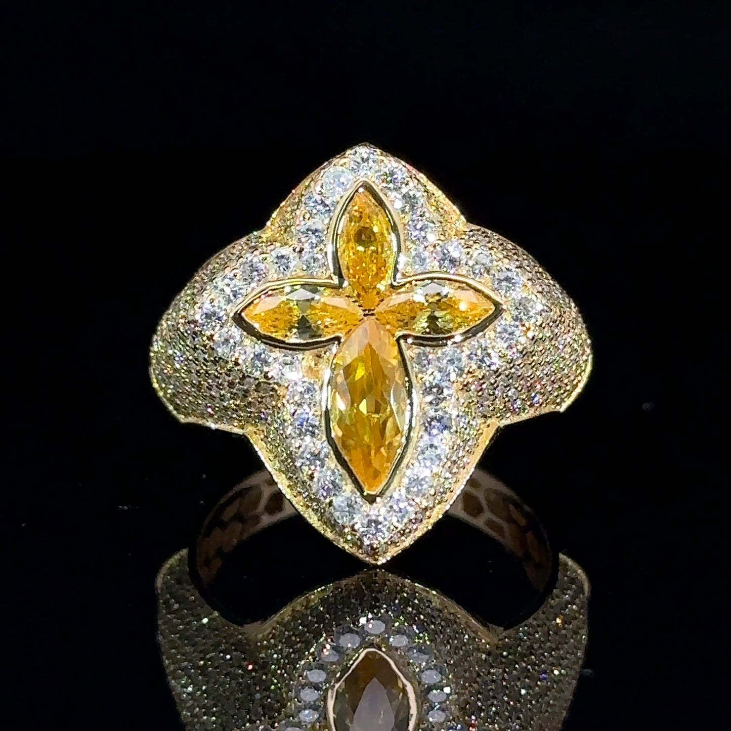 Yellow gold and diamond Cross Ring with Yellow Fancy Pear Cut Gem Stones