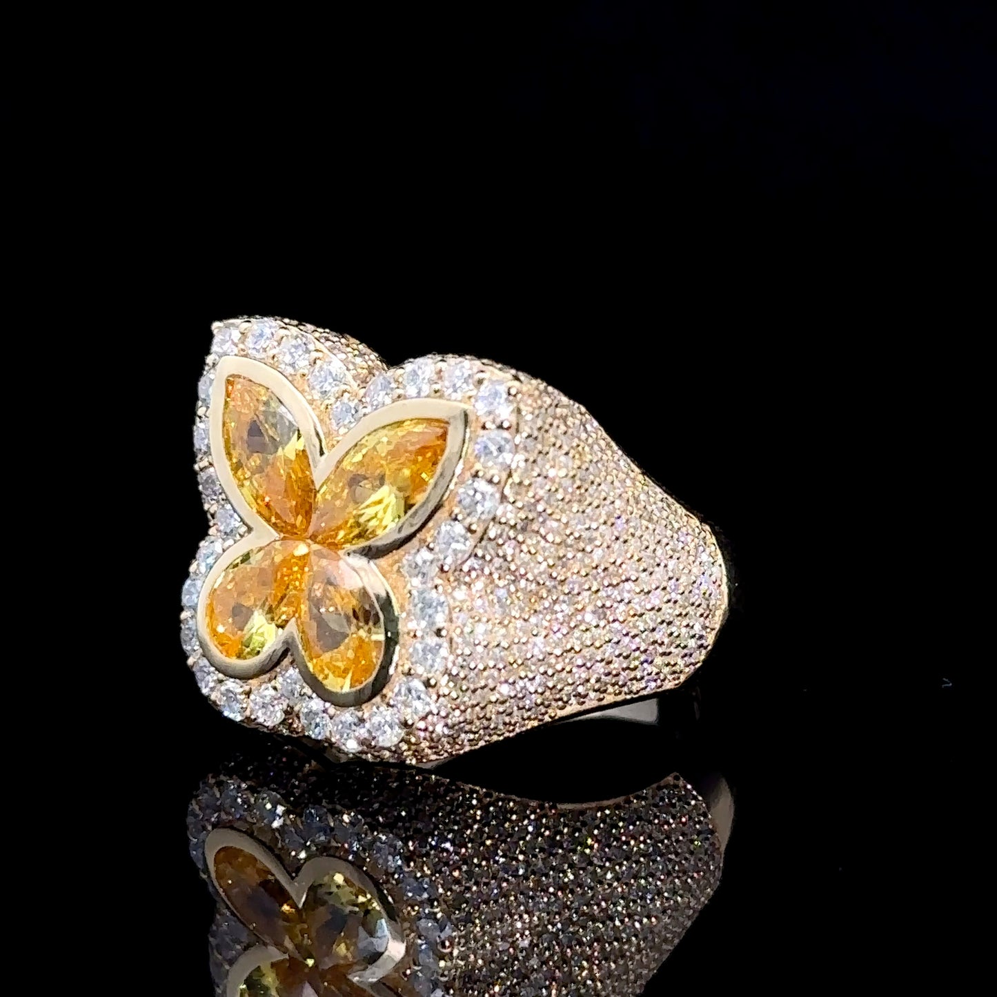 Yellow gold and Diamond butterfly Ring with Yellow Fancy Pear Cut Gem Stones