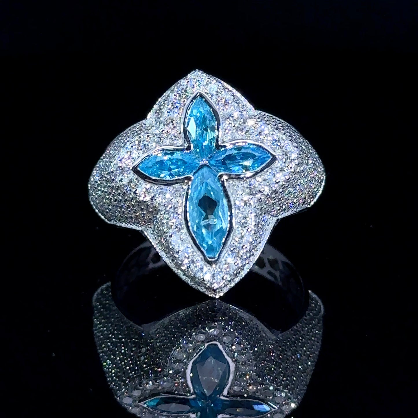 White gold and diamond Cross Ring with Blue Fancy Pear Cut Gem Stones