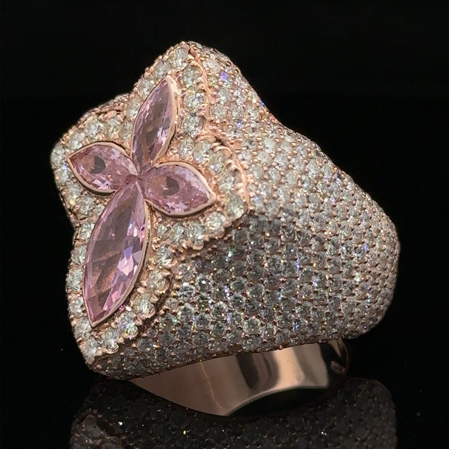 Rose gold and diamond Cross Ring with Pink Fancy Pear Cut Gem Stones