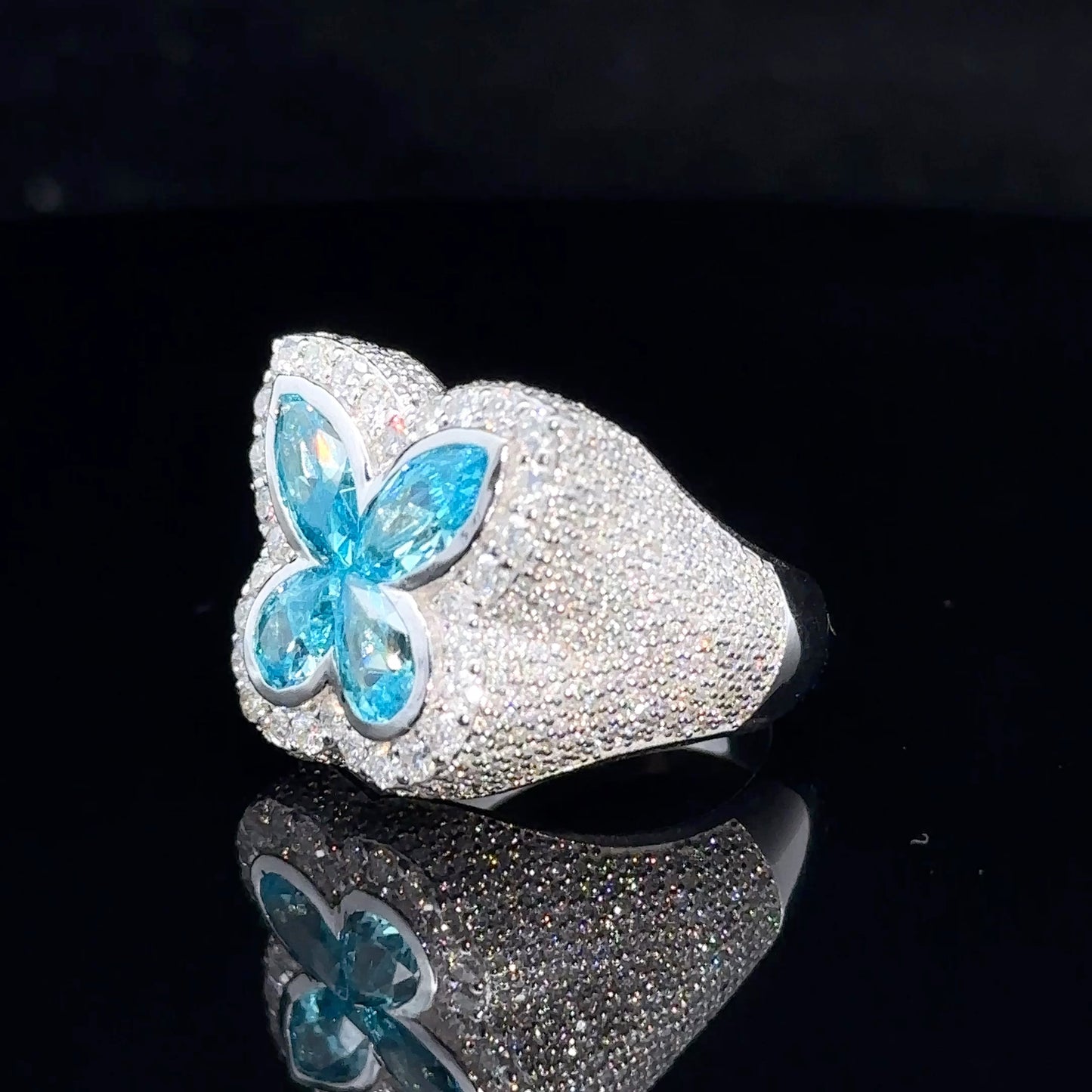 White gold and Diamond butterfly Ring with Blue Fancy Pear Cut Gem Stones
