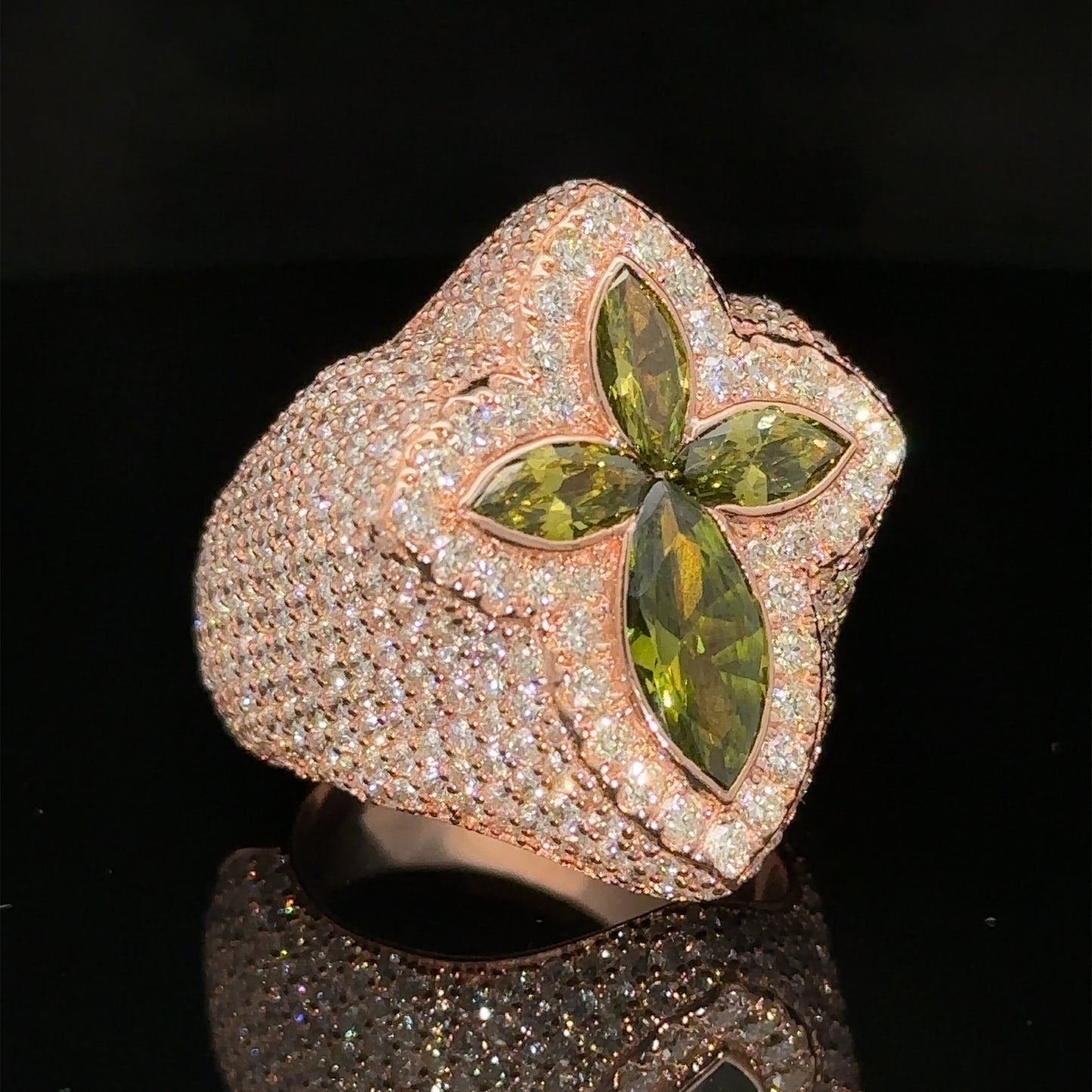 Rose gold and diamond Cross Ring with Pink Fancy Pear Gem Stones