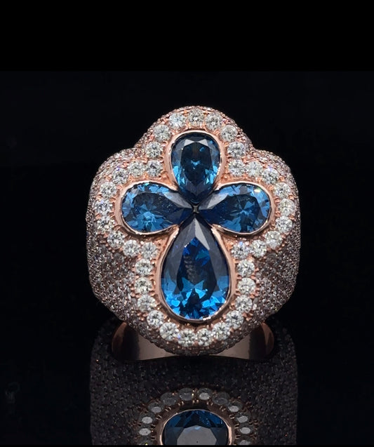 14k Rose gold and diamond Cross Ring with Fancy Blue Cut Pear Gem Stones