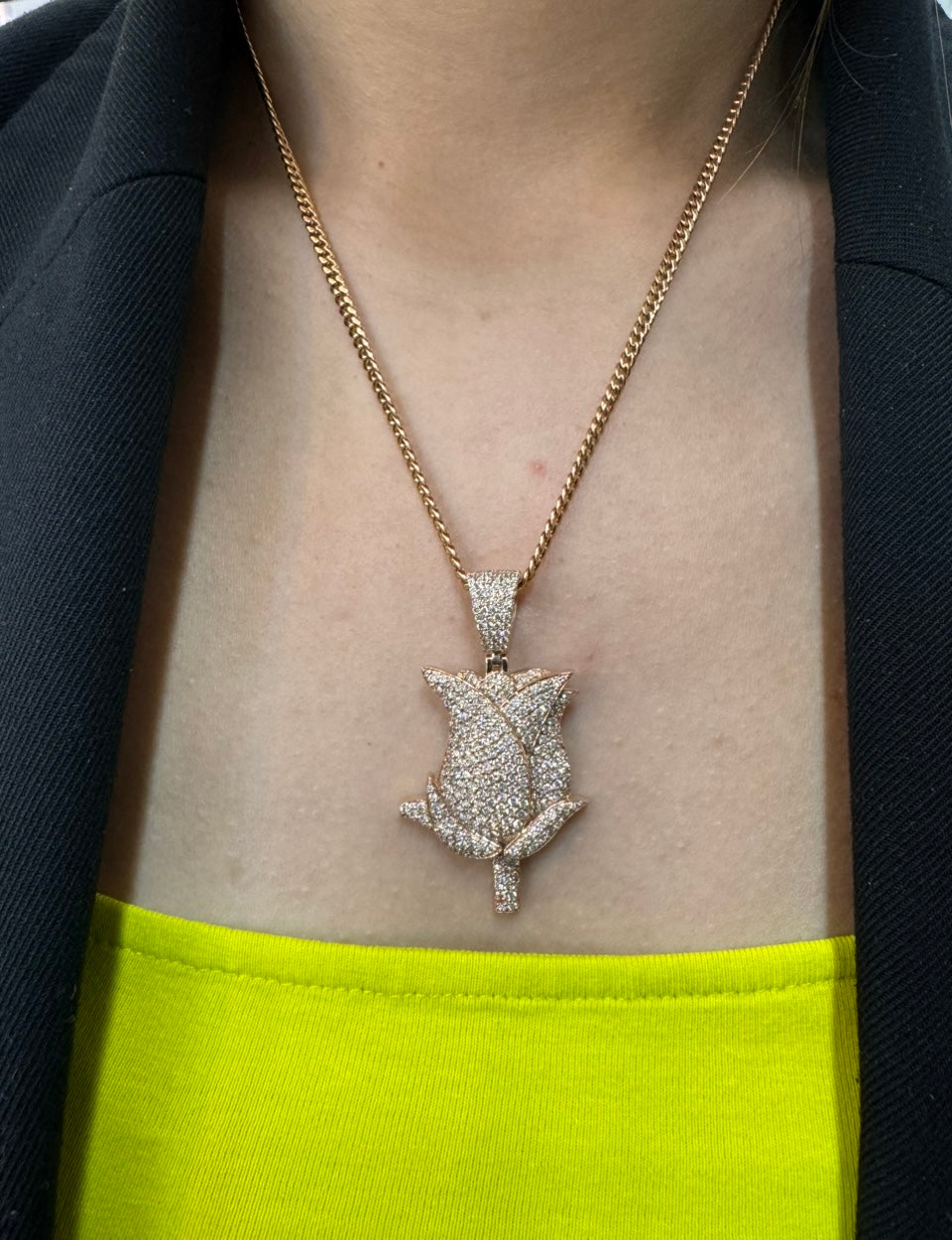 14k rose gold and diamond Rose pendant and 14k gold cuban link chain
