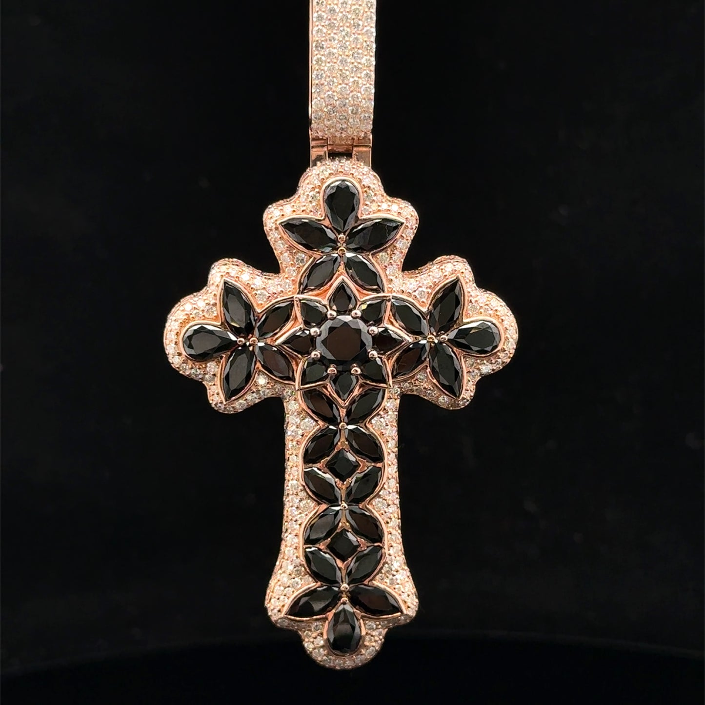 Rose gold and 5ct diamond Cross Pendant with round diamonds and black stones.