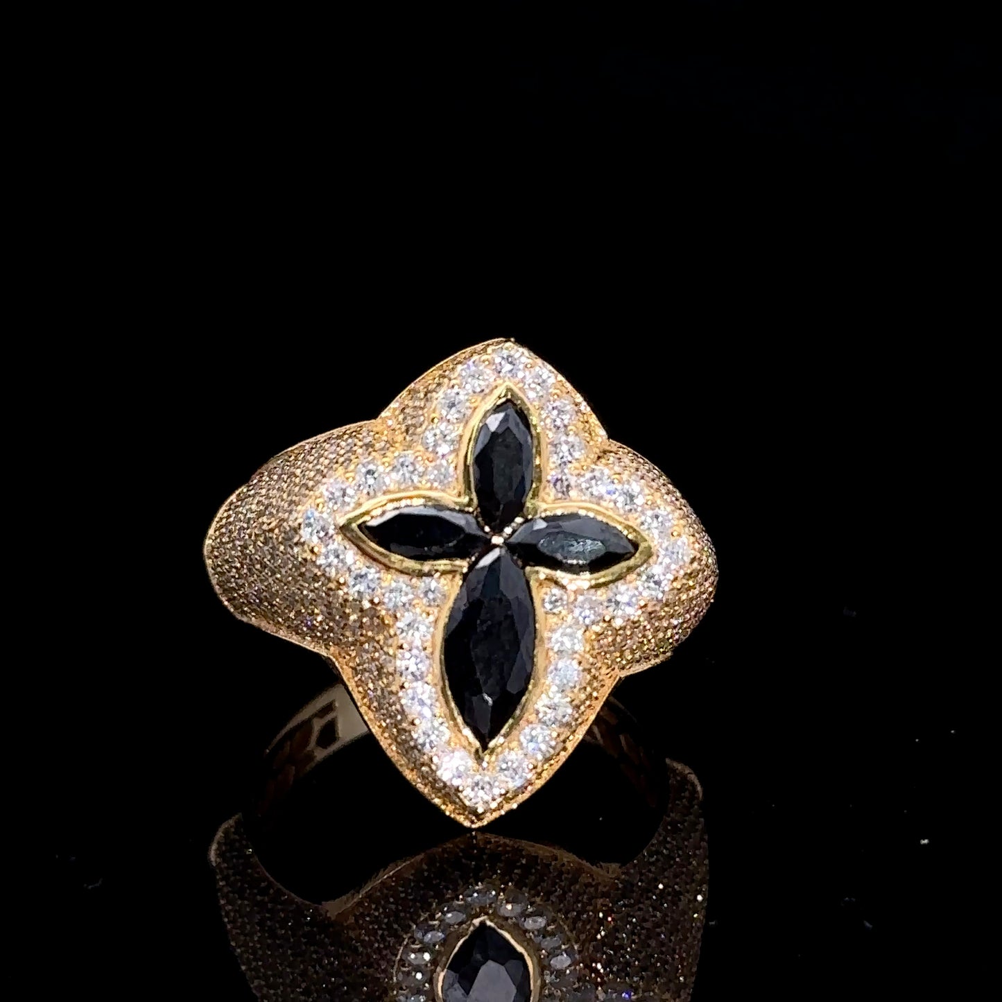 Yellow gold and diamond Cross Ring with Dark Fancy Pear Cut Gem Stones