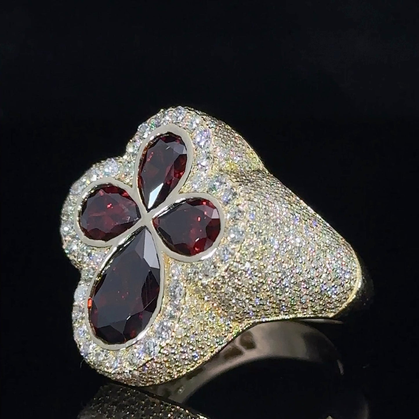 Yellow gold and diamond Cross Ring with Burgundy Fancy Pear Cut Gem Stones
