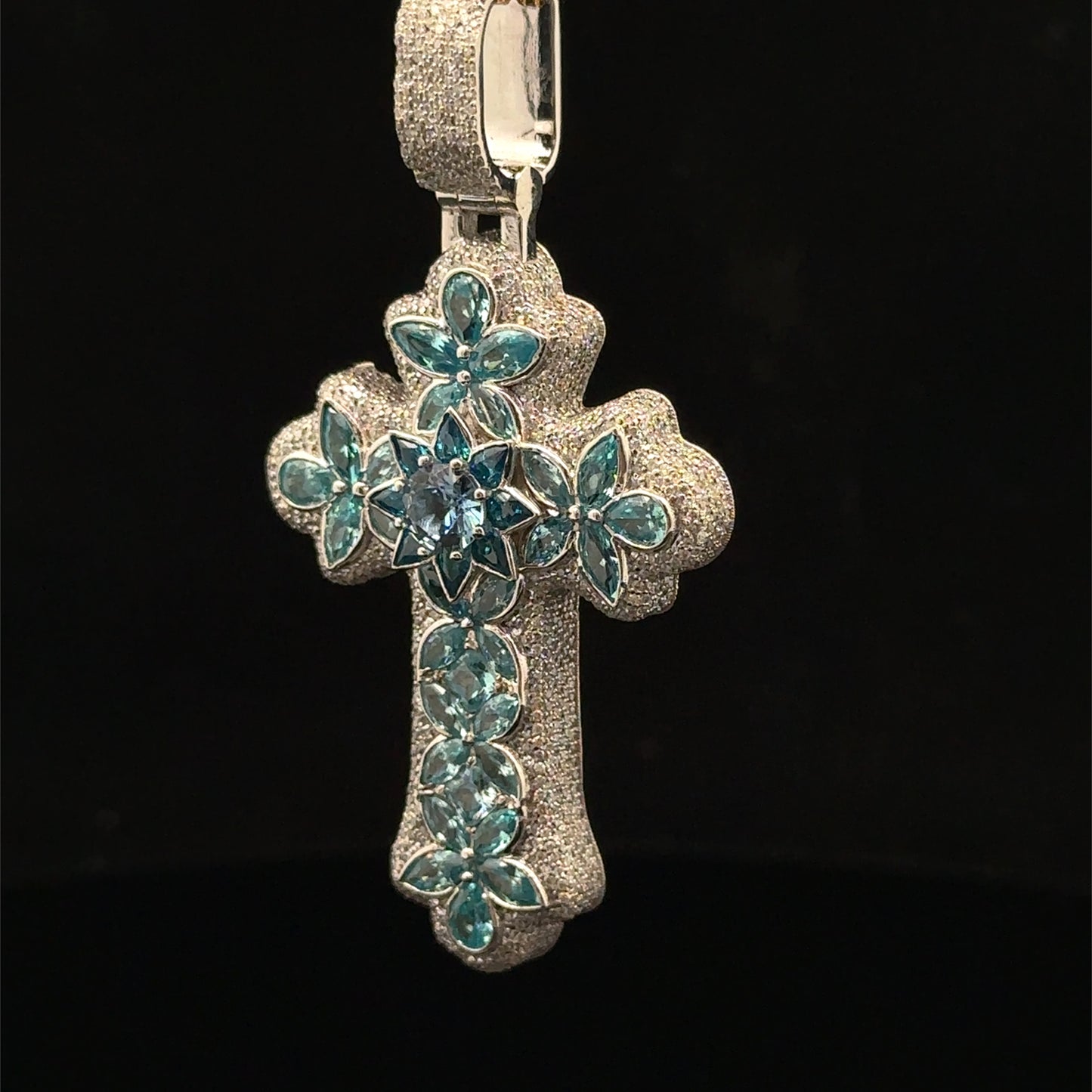 10K White Gold Cross Pendant with Diamonds & Multicolored Stones
