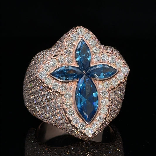 Rose gold and diamond Cross Ring with Fancy Blue Pear Cut Gem Stones