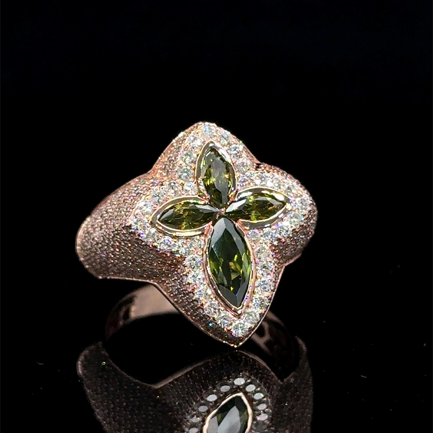 Rose gold and diamond Cross Ring with Green Fancy Pear Cut Gem Stones
