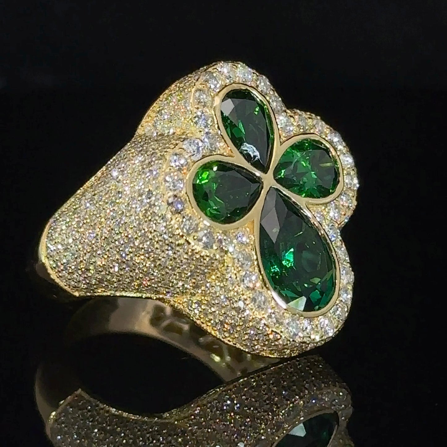 Yellow gold and diamond Cross Ring with Green Fancy Pear Cut Gem Stones